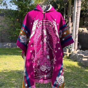 Virgin Mary adult size alpaca poncho, one size, unisex, hooded. Made in Ecuador